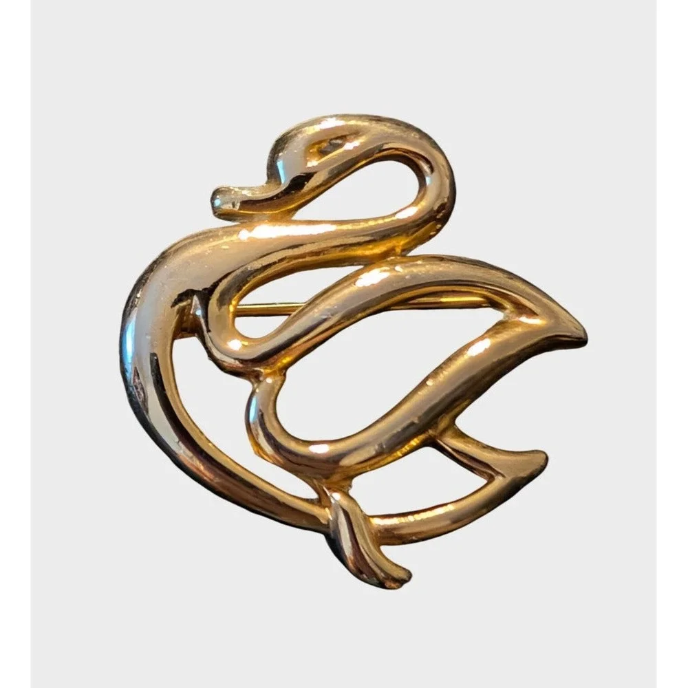 Vintage Gold Tone Brooch Stylized Swan Bird Openwork Pin Elegant Accessory
